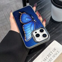 Colorful Silver Apple Phone CaseA Blue Butterfly With Gold Accents On A Blue BackgroundCompatible With  11 To  17 Models The Cases Lens Protection Function Ensures The Camera Remains Undamaged During Shooting  Guaranteeing Image Quality - Black - View 3