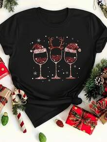 Playera navideña con copas de vino brillantes | Divertida, elegante y festiva para celebrar en Navidad - Negro - Ver 1