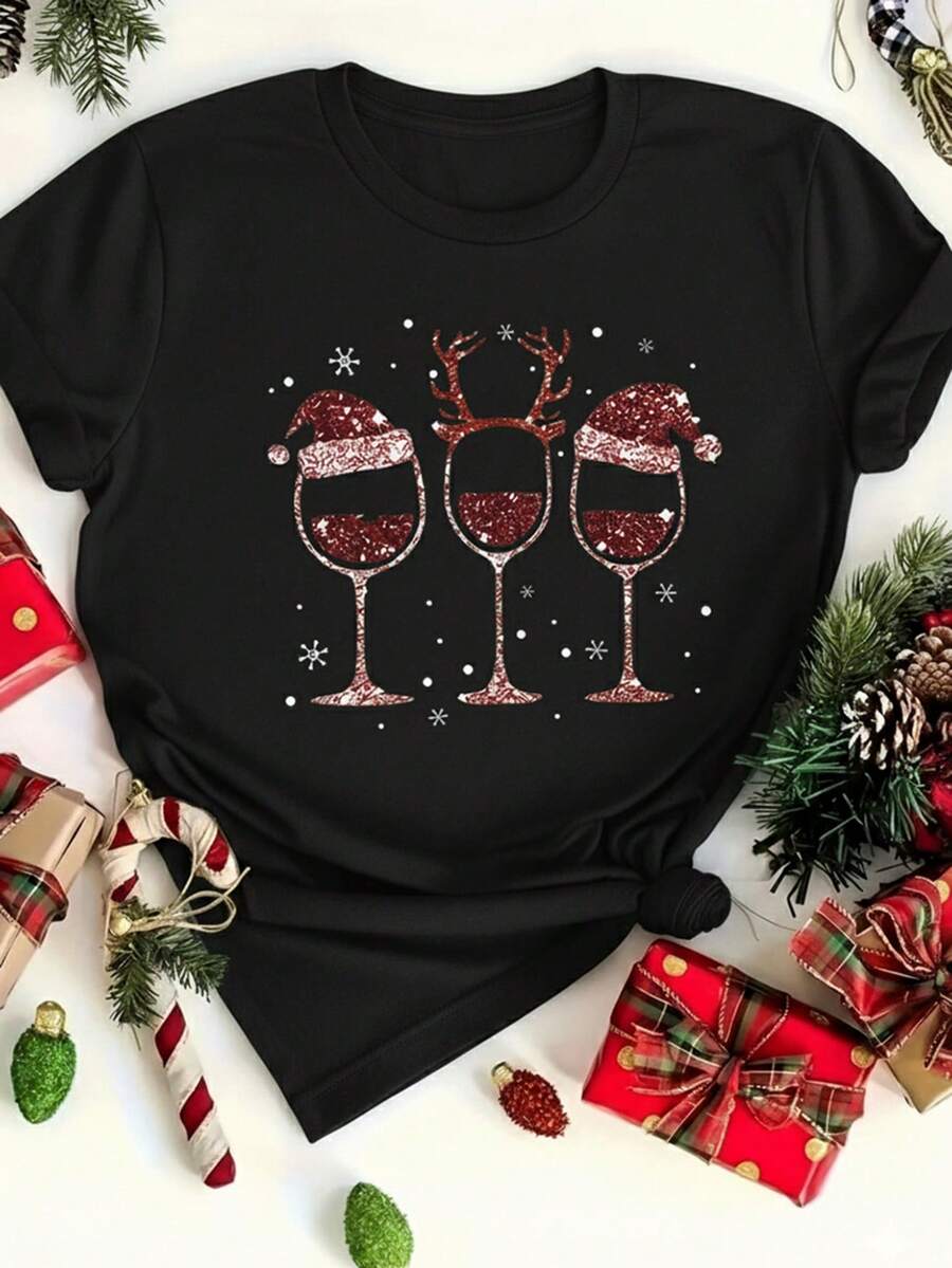 Playera navideña con copas de vino brillantes | Divertida, elegante y festiva para celebrar en Navidad - Negro - Ver 1