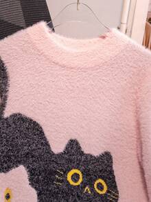 女童可爱猫咪图案仿毛皮针织套头毛衣，适合春、秋、冬季休闲穿着。