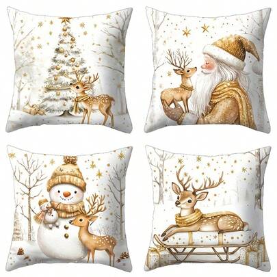 Bộ 4 vỏ gối Giáng sinh, in hình cây thông Noel vàng, ông già Noel, người tuyết, hươu và xe trượt tuyết, vỏ gối bằng vải nhung hiện đại in một mặt có khóa kéo, không kèm ruột gối, thích hợp để trang trí ghế sofa, giường, ghế, phòng ngủ, phòng khách, hiên nhà gỗ cho Giáng sinh và kỳ nghỉ đông