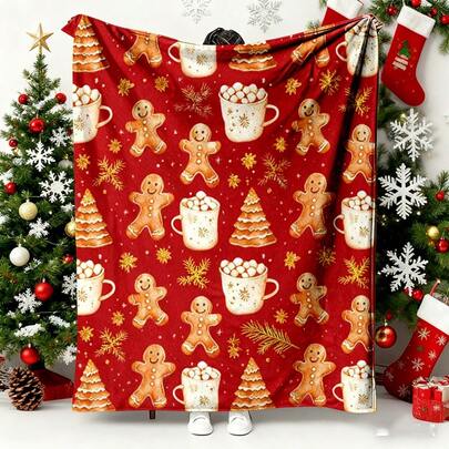 1 peça Feliz Natal, Chapéu de Natal de Homem de Gengibre, Elementos de Papai Noel e Boneco de Neve, Manta de Flanela, Adequada para Diversas Ocasiões, Perfeita para o Sofá, Viagens, Decoração de Casa e Quarto, Ideal para Presentear Família e Amigos, Lavável à Máquina, Estampa Digital, Estilo Moderno, É o Presente Perfeito para o Natal