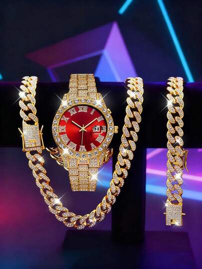 3pcs European & American Fashion Hip Hop Rhinestone 12MM Bracelet, Necklace, Quartz Wrist Watch Set, Street Style Accessories For Men