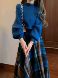 フレンチ アート レトロ ブルー ニットセーター, 2024-2025 秋冬, レディース, ゆったり フィット, 上品 デザイン, 保温 性 抜群, 大人 カジュアル, 女性 トップス