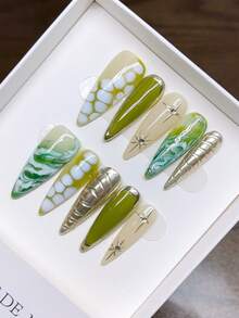 10片纯手工制作的美甲贴片；精致高跟鞋形状，手绘个性化绿色渐变新款美甲贴片，按压式美甲贴片 - 彩色 - 查看 5