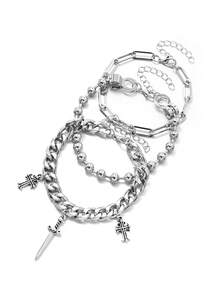 3件套男士嘻哈风十字剑吊坠叠戴手链套装，日常/派对/晚宴佩戴饰品，生日/节日礼物 - 銀色 - 查看 5