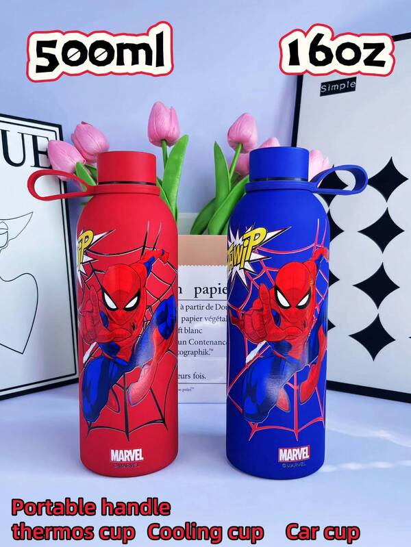 Disney 1 pieza Botella de agua deportiva de acero inoxidable 304 aislada con licencia Disney Authorized Spider Man, vaso de enfriamiento, vaso para auto, con asa portátil, sellado y a prueba de fugas, impresión de personaje de dibujos animados elegante, gran capacidad de 500ml/16oz en azul y rojo, diseño de moda/resistente a la oxidación/duradero/multicolor/vaso a prueba de fugas/con tapa, adecuado para regalos de cumpleaños, Acción de Gracias, regalos de Navidad (las piezas del producto pueden ser aleatorias)