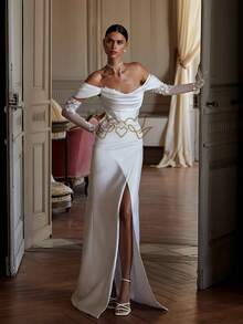 Elegant Sexy Off Shoulder High Slit Mermaid Satin Wedding Dress Registry Office Dresses Bridal Fashion,Evening Party Dress Birthday Party Dress,Romantic Church Ceremony Wedding Dress,Suitable For Wedding,Dating,Party,Singles' Party,Vacation,Formal Occasions,Dinner Dress,Prom Dress,Homecoming Dress,Cocktail Party,Wedding Guest Dress,Graduation - 白色 - 查看 2