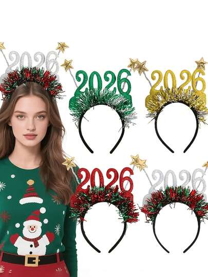 2026数码星光彩色条纹头箍，圣诞节假日派对装饰，节日氛围拍照道具新年头箍！
