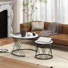 HOMCOM Set Of 2 Coffee Tables, Diamond Look, Expansion Plate, Metal, Round Coffee Tables For Living Room, Stackable, White - 1 - View 5