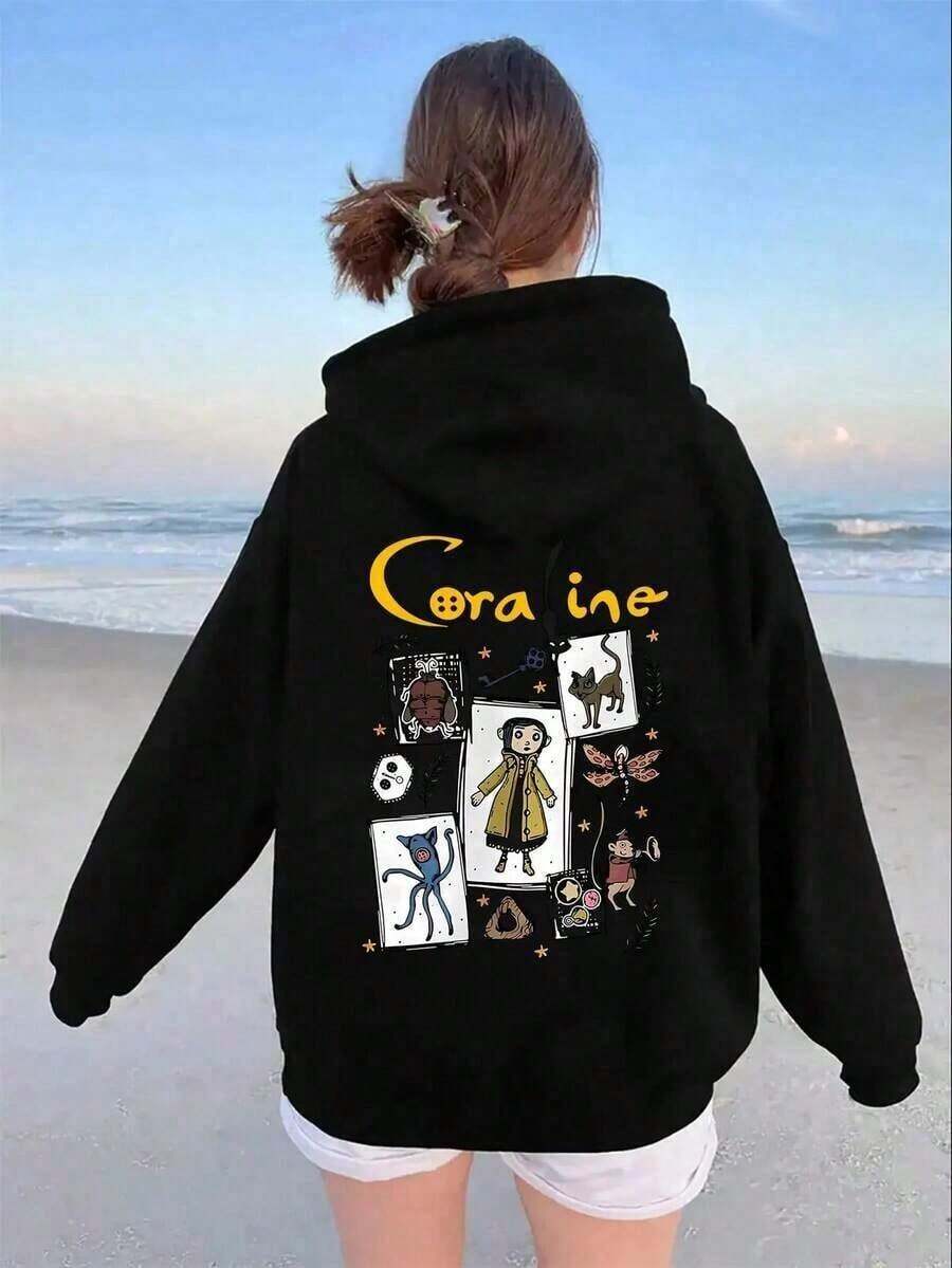 Popular Hoodies For GirlsWomen's Fashion Hooded Sweatshirt, Featuring &Lt; Coralline &Gt; Cartoon Pattern, Material, Long Sleeve Pullover Design, Suitable For All Seasons, Regular Fit, Machine Washable, Halloween, Christmas GiftsFashionable Women's Clothingroomy And Comfortable - 黑色 - 查看 1