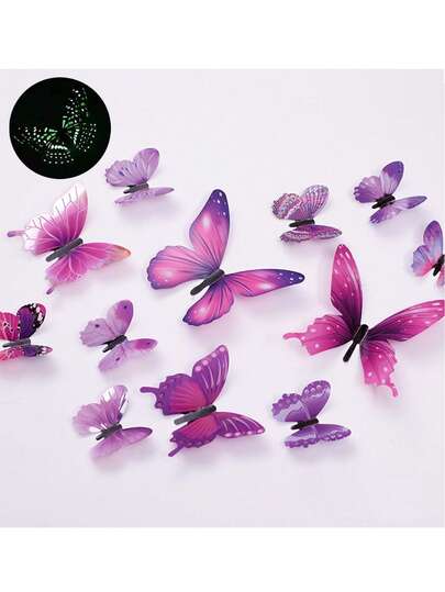 12pcs Glow In The Dark Butterfly Wall Stickers, Modern 3D Luminous Stickers, Reusable High Gloss Plastic Animal Theme Asymmetrical Shapes, Suitable For Living Room Bedroom Home Decor, Butterfly Decorations