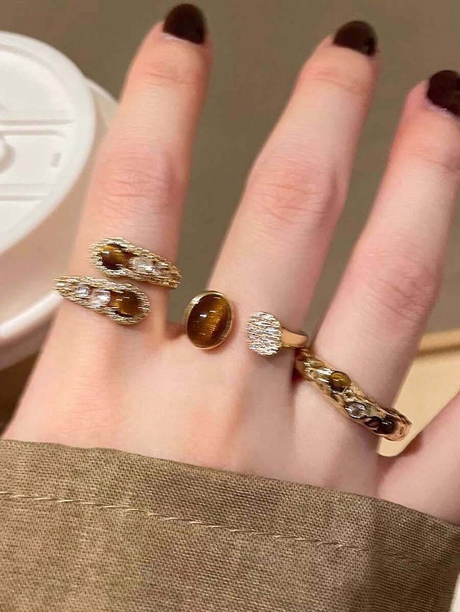 3件套复古虎眼石和立方氧化锆开口戒指套装，适合女士日常佩戴