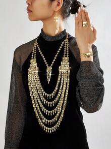 Set de bijuterii retro de lux Mgyi, din cupru auriu, la modă și de înaltă calitate, pentru femei, colier, cercei, brățară, inel elegant placat cu aur de 18K, design pătrat de lux, potrivit pentru Nigeria, Dubai, Orientul Mijlociu, Arabia Saudită, nuntă, purtare zilnică, cadou de aniversare a nunții, cadou de Halloween pentru prieteni - Aur B - Vizualizare 2