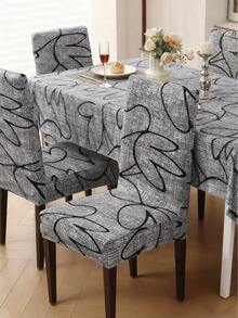 1 Set High Elastic Dining Chair Cover & Waterproof Tablecloth, Abstract Floral Pattern In Dark Grey - Multicolor - View 2