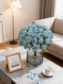 80 piezas/set Flores artificiales - Ramos de rosas, rosas de seda, plantas falsas, decoración para el hogar, comedor, sala de estar, jardín exterior, el arte de insertar flores, accesorios de fotografía, jarrón, pared de flores, corona de flores, ramo de novia, decoración de boda, materiales DIY para corona de flores, materiales de decoración para fiesta de cumpleaños, accesorios de decoración del hogar - Azul - Ver 1