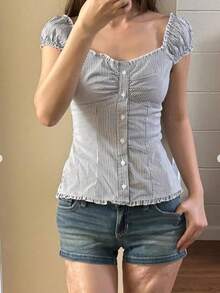Women Fairy Grunge Y2k Shirt Vintage Short Sleeve 2000s Fairycore Aesthetic Crop Top E-Girl Streetwear - 藍色 - 查看 2