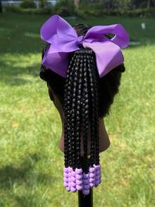 1条迷人可拆卸10英寸合成卷曲编织马尾假发，带珠子装饰 - 非常适合儿童派对和角色扮演 - 自然黑 - 查看 4