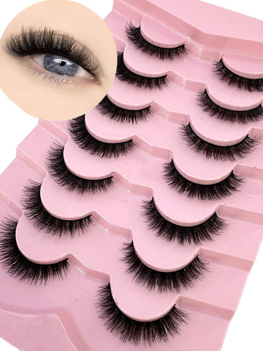7 Pairs Natural Lashes Short Eyelashes Wispy False Mink Lash Pack Natural Look Fluffy Cat Eye Strip Eyelash Small Fake Lashes Sets For MUA And Beginners Daily Makeup