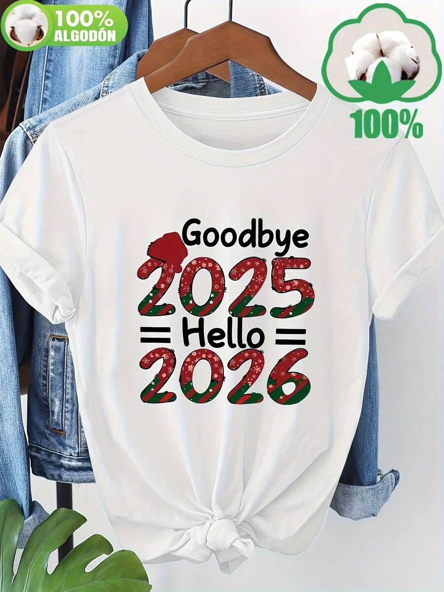 Camiseta de dad Verde Oliva para Mujer   Adiós 2025 ¡Hola 2026! Top para Fiesta de Fin de Año   Camiseta Suave y Transpirable para el Día a Día, Ocasiones Festivas, Fin de Año, Atuendos Casua