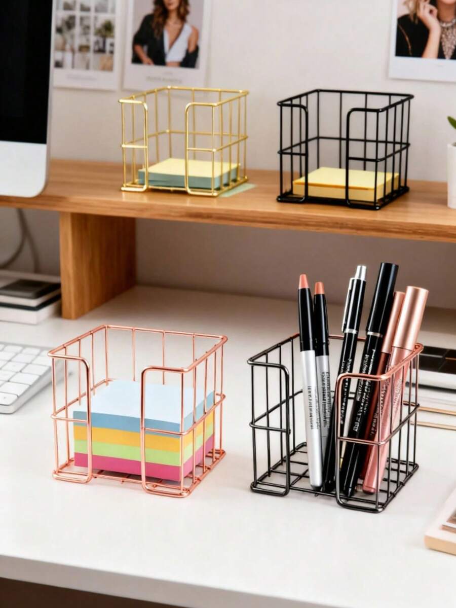 1/2pcs Modern Sticky Note Holder, Note Box + Business Card Holder Set, Metal Wire Desktop Sticky Note Holder, Rose Gold Note Holder, Cute Note Cube Stand, Dispenser, Office Desktop Organizer, Mesh Note Holder, Ballpoint Pen, Desktop Sticky Note Holder, For Home Office, School Desk Back To School - Note Paper Box - View 1