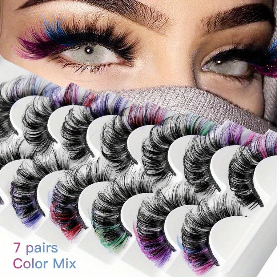 [Colorful False Eyelashes] 7 Pairs Colorful Russian Curl False Eyelashes| D-Curve Mixed Lengths, Thick & Thin Lashes, Reusable Multi-Color Mix For Cat-Eye Looks & Costume Parties - 7雙混色7 - 查看 1