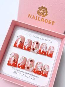 nailrosy 10Pcs Handmade Press On Nails Kit Short Duck Red Ladybug Polka Dot Cute 3D Floral Y2K Nails White Nails Press On Acrylic Nails Christmas Wedding Birthday Party Winter French - Red - View 12