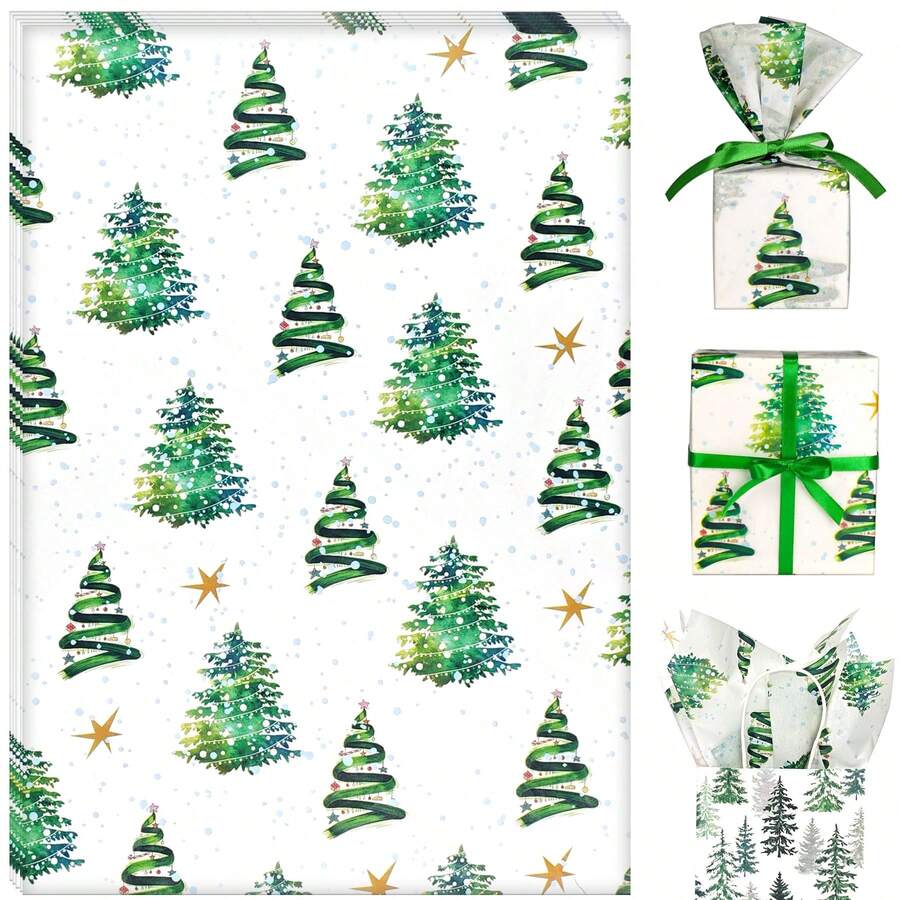 10 Pcs Christmas Tissue Paper- 20x14 Inches Watercolor Christmas Tree With Lights Pattern, Holiday Gift Wrapping Tissue Paper For Gift Bags Stuffing, ,Green Holiday Gift Wrapping Tissue Paper For Winter New Year Party Craft, Holiday Wrapping,Christmas Decorations