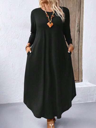New Fashion Round Neck With Pockets Long Sleeve Dress, Solid Color Knit Fabric, Casual Home & Daily Wear, Autumn/Winter/Spring
