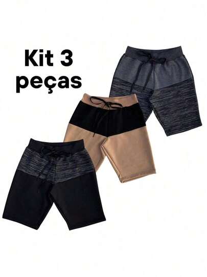 Kit 3 Bermuda Bicolor Shorts Infantil Masculina Moletom Moletinho Menino criança 02 a 12 anos