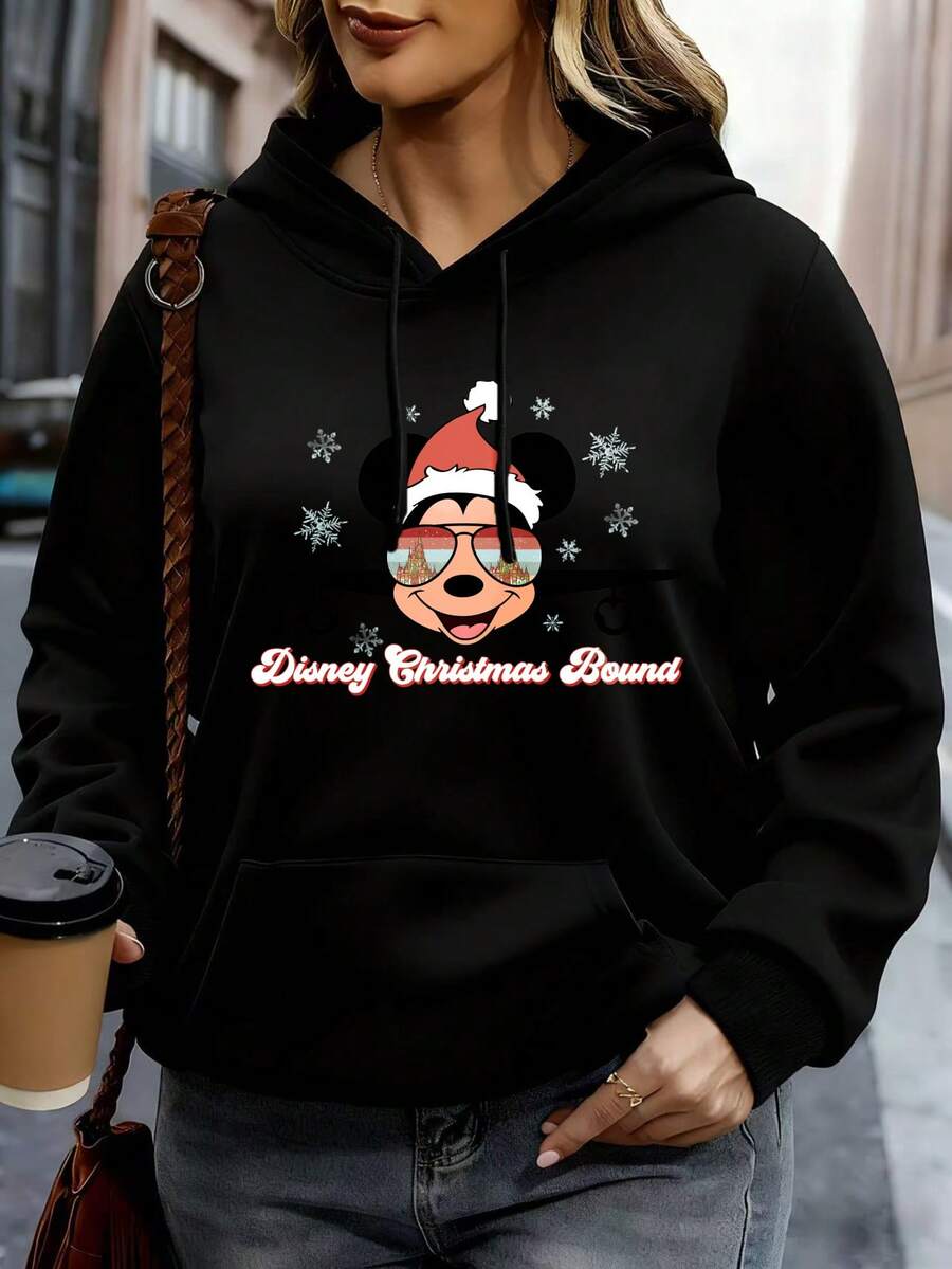 Disney Hoodie White Mickey Mouse Santa Hat Plane Design Disney Christmas Bound Text Holiday Outfit - 黑色 - 查看 1