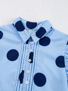 Women's Sky Blue Polka Dot Blouse - Chic & Feminine Ruffled Short Sleeve Shirt - 藍色 - 查看 5