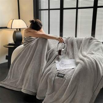 1pc Thick Double-Sided Wool Blanket, Soft & Warm Plush Blanket, Faux Rabbit Fur, Multi-Purpose For Sofa, Indoor Bed, Outdoor Camping, All Season Gift Blanket, Machine Washable, Modern Style Patchwork Throw Blanket, Polyester Fiber Material