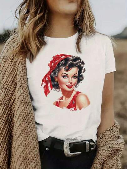 Blusa blanca de manga corta para mujeres con estampado de cara de dama vintage y pin-up rojo - estilo retro de los años 1940-50, top tipo túnica de cuello redondo, tela elástica tipo poliéster/elastano (lavable a máquina) para eventos casuales y temáticos