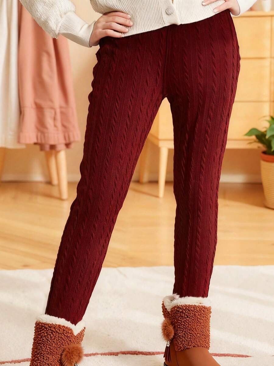 Girls' Cable Knit Leggings, Elastic Pants, Versatile Autumn/Winter Long Pants, Girls' New Solid Color Cable Knit 3/4 Leggings - Burgundy - View 1