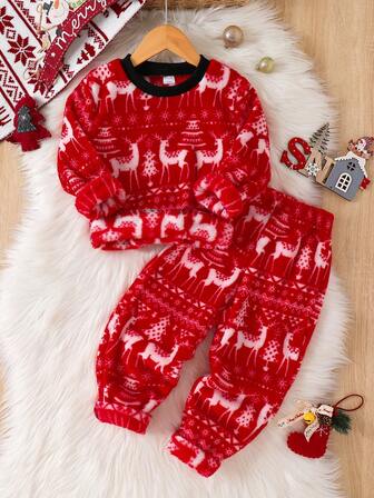 2pcs/Set Kids Boys Casual Flannel Long Sleeve Fleece Outfit, Christmas, Autumn/Winter