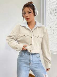 Women's Short Corduroy Jacket With Sherpa Lining, Casual Beige Retro Denim Jacket, Thermal-Lined Coat For Everyday Wear, Street Style And Autumn Outfits - 黑色 - 查看 4