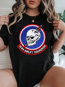 Women-Shirt Short Sleeve Crew Neck Black White Color Options 164th Airlift Squadron Skull Patch Graphic Print Inspired Design Casual Wear Everyday Summer Outfits Women Graphic Tees Summer Tops Crop Tops Tops Women Vintage Cotton Cute Clothes Women Shirts Summer Tops Graphic Tees Summer Outfits Women Graphic Tees Women Crop Tops Tops Women Vintage Cotton Cute Clothes Women - Black - View 8