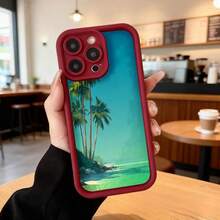 Cubierta de teléfono con borde negro y diseño tropical azul con palmeras y playa para uso diario en cafeterías y viajes Aplicable a los teléfonos de la serie Apple y Galaxy - Café integral - Ver 5