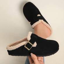 Fashionable Casual Buckle Closure Warm Thermal Lined Slip-On Backless Plus Size Women Shoes With Hidden Wedge Heel