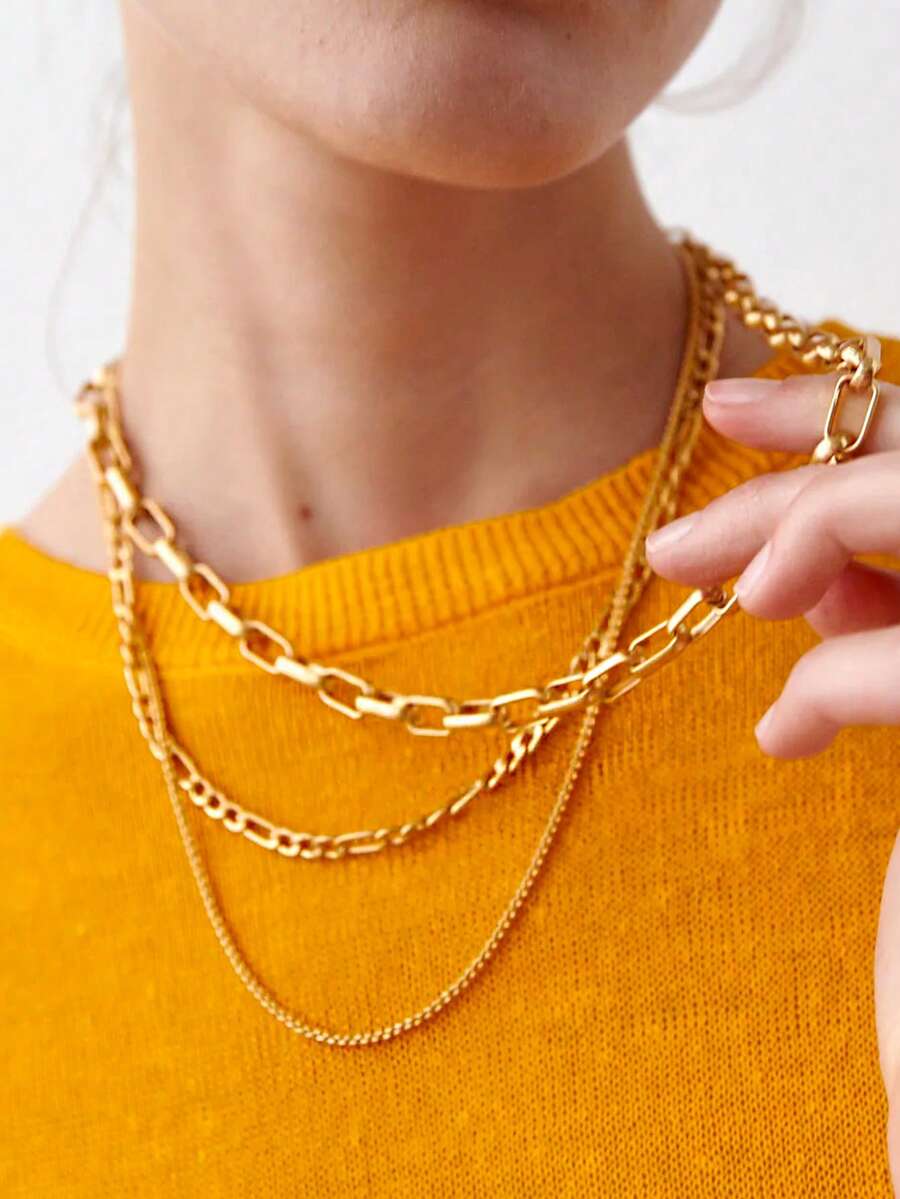 Nooxian 3pcs/Set Fashionable Hip-Hop Multi-Layer Chain Necklace Set, Unique Luxury Women Jewelry Gift (Random Chain & Clasp Quantity)