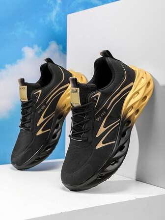 2025 Spring/Summer Fashion Black & Gold Lace-Up Mesh Chunky Sneakers, With Letter Embroidery + Perforated Cushioned Outsole, Men's Exclusive, Suitable For Running, Fitness, Casual Wear, & Christmas Outfit