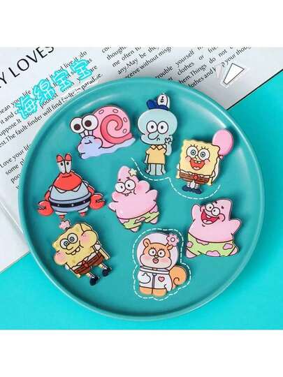 海绵宝宝8件套卡通亚克力胸针装饰徽章手机壳DIY小配件，春夏秋冬通用，仅含装饰贴纸，不含其他DIY工具