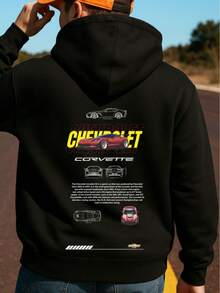 Sudadera Con Capucha De Cuello Redondo Para Hombre Con Estampado De CH EVROLET Bolsillo Canguro Y Cordón, Manga Larga, Suelta Y Casual, Ideal Para Regalar Como Ropa De Hombre Frente y Espalda - Negro - Ver 1
