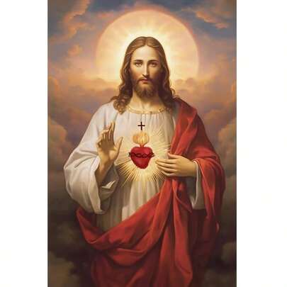 Kit de Pintura com Diamantes DIY do Sagrado Coração de Jesus (1 unidade) - Decoração de Parede Cristã Religiosa, Ideal para Quarto e Igreja - Pintura com Diamantes Redondos Inspirada na Bíblia Católica, para Decoração de Casa - 30x40 cm (12x16 polegadas), Moldura Não Inclusa