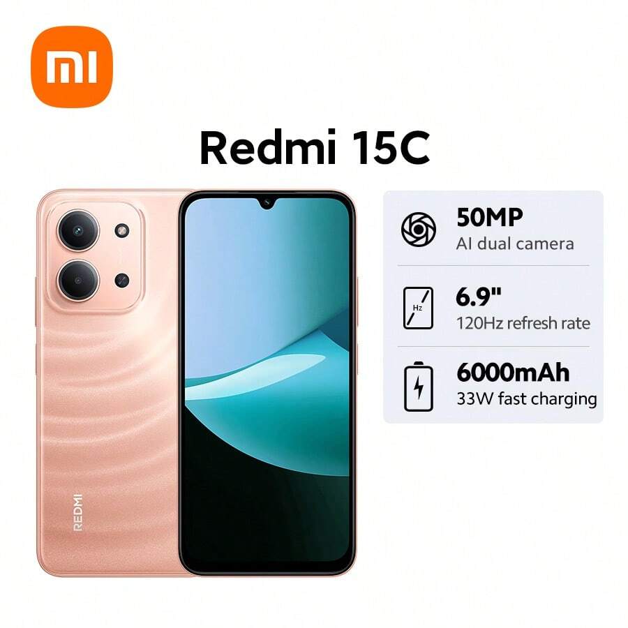 Xiaomi 小米 Redmi 15C 全球版智能手机,配备 6000mAh(典型值)大容量电池,纤薄精致的 7.99mm 机身,IP64 级防尘防水,沉浸式 6.9 英寸屏幕,最高支持 120Hz 高刷新率,支持 33W 快充,31 分钟即可充电至 50%,搭载强劲的八核处理器,最高 16GB 运行内存,支持内存扩展,5000 万像素 AI 双摄系统,清晰捕捉精彩瞬间。 - 橘色 - 查看 1