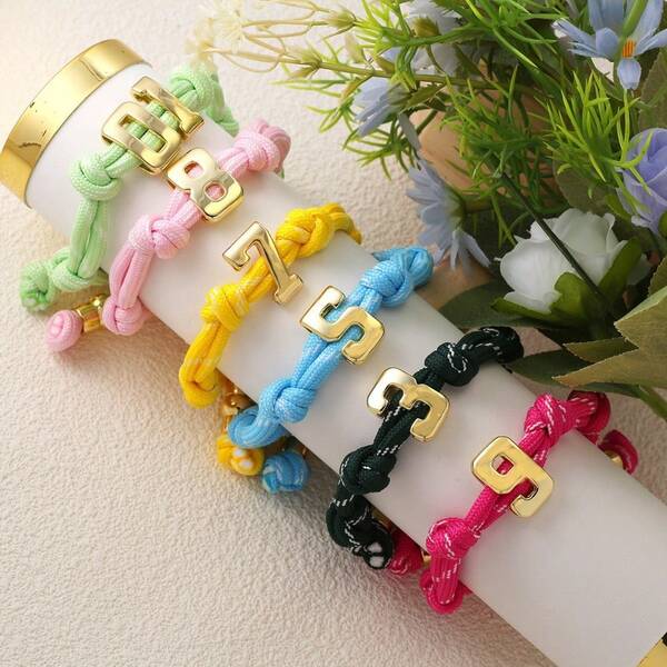 1pc, Colorful Rope Cords Customized Number Charm Bracelet 18k Gold Plated Rope Knotted Bracelet