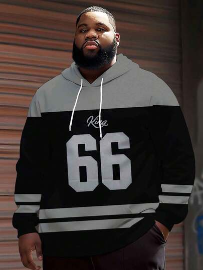 Plus Size Men's Black & Gray Contrast Vintage Sports Style "King" Number 66 Print Sweatshirt, Streetwear Plus Size Slimming Heavyweight Casual Sweatshirt