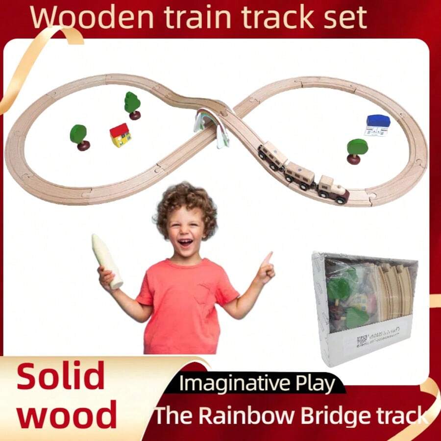 1盒木制火车轨道套装，儿童木制火车轨道，扩展包内含木制房屋和树木，木制火车轨道配件 - 激发创造力，木制火车轨道扩展包，适合3-7岁男孩女孩的生日礼物 - wooden track - 查看 1