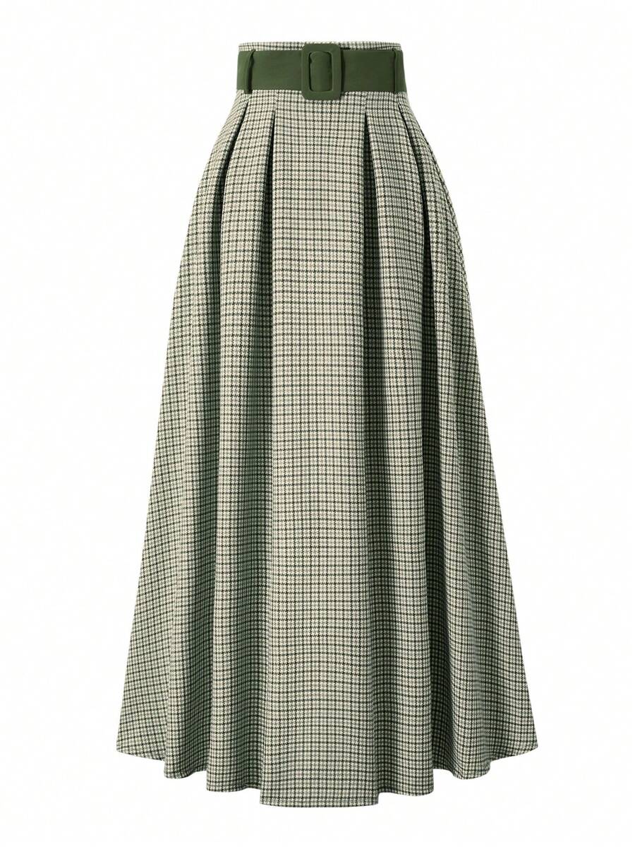 女士时尚格子A字裙，百搭优雅，宽松显瘦，春季必备 - 綠色 - 查看 1